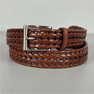 Fossil Belt Mens 40 Brown Genuine Leather Brass Woven Braided Buckle MB3043222